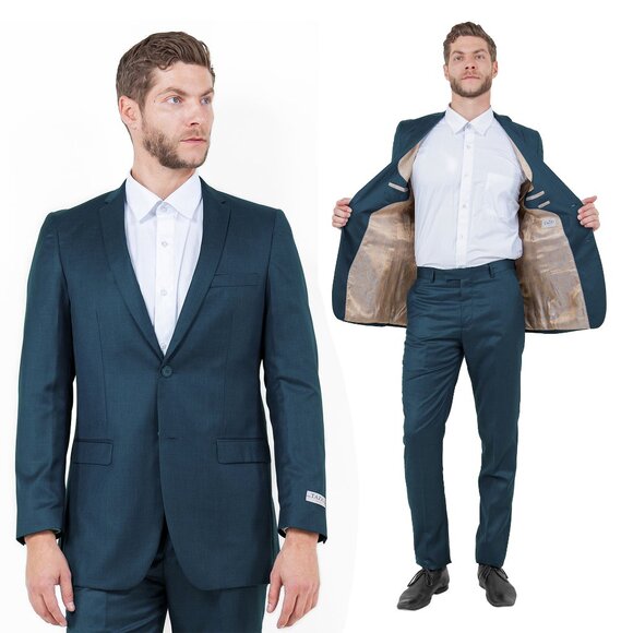 Sharkskin Slim Fit Mens 2-Piece Suit, Mid Navy - Picture 1 of 7